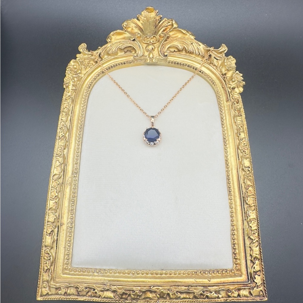 Elegant Navy Blue Crystal Pendant Necklace in Gold Tone